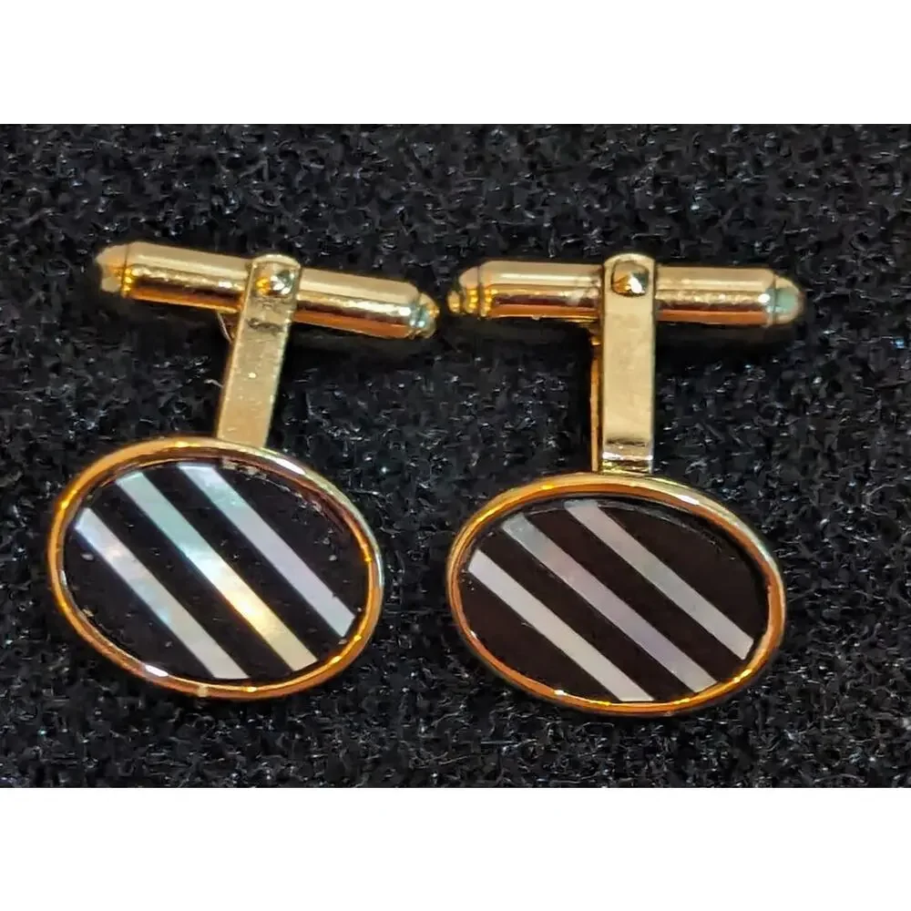 Vintage Cufflinks Black Onyx With Mother Of Pearl Stripes